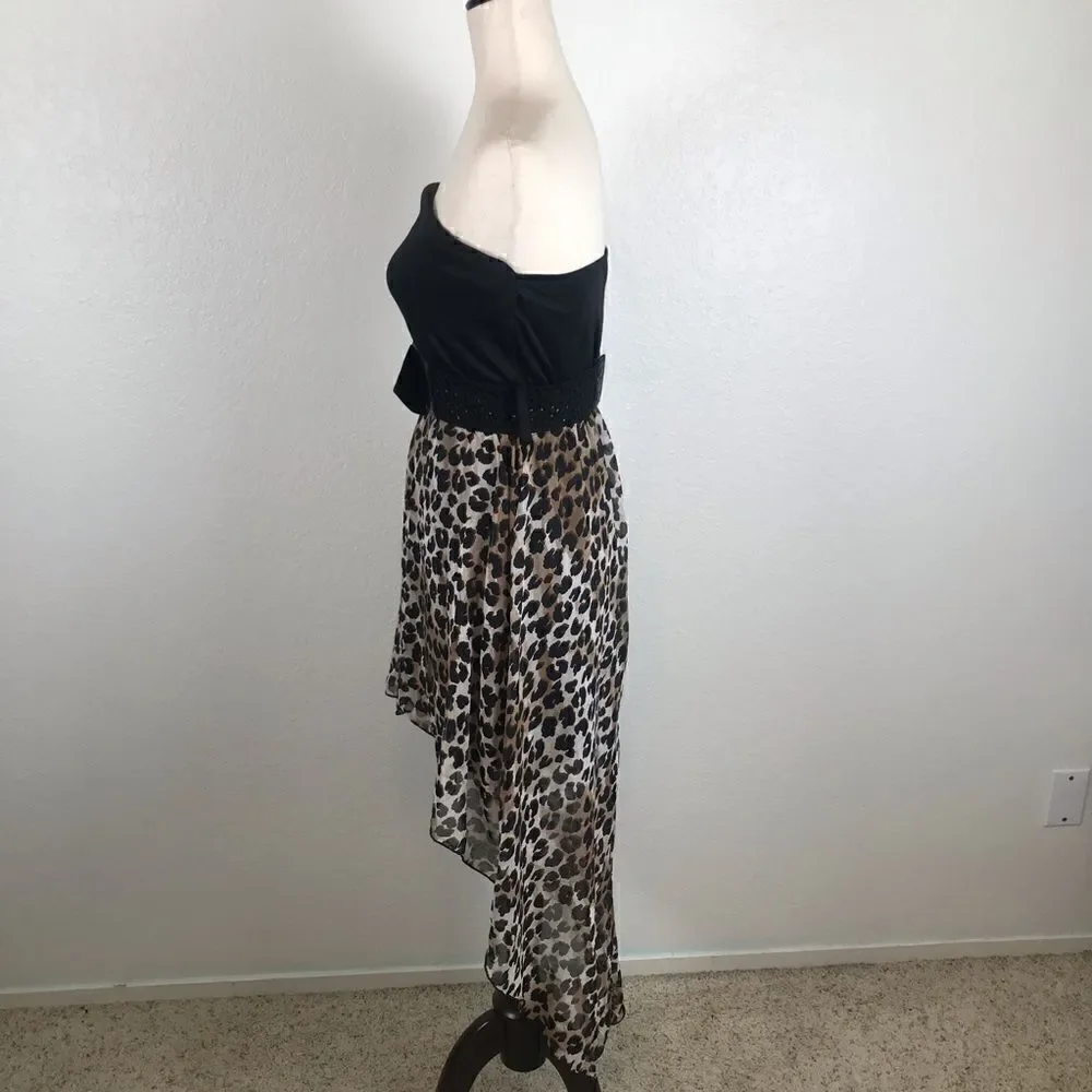 ‎Vintage Y2K strapless bow embellished belted Hi/low leopard print mini dress